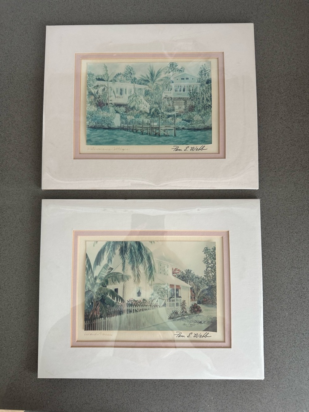Vintage 1990s Pam E. Webb 2 x Signed Watercolor Double Matted Prints  8" x 10"